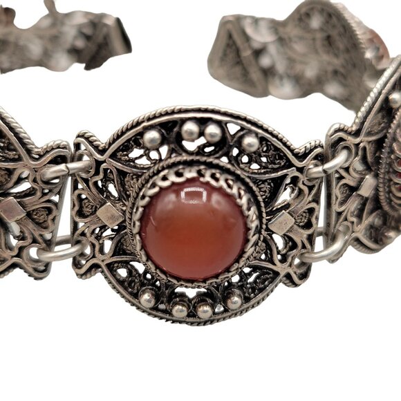 Carnelian Cabochon Sterling Silver Panel Bracelet 925 Lobster Clasp Boho 36 Gram - Picture 2 of 11